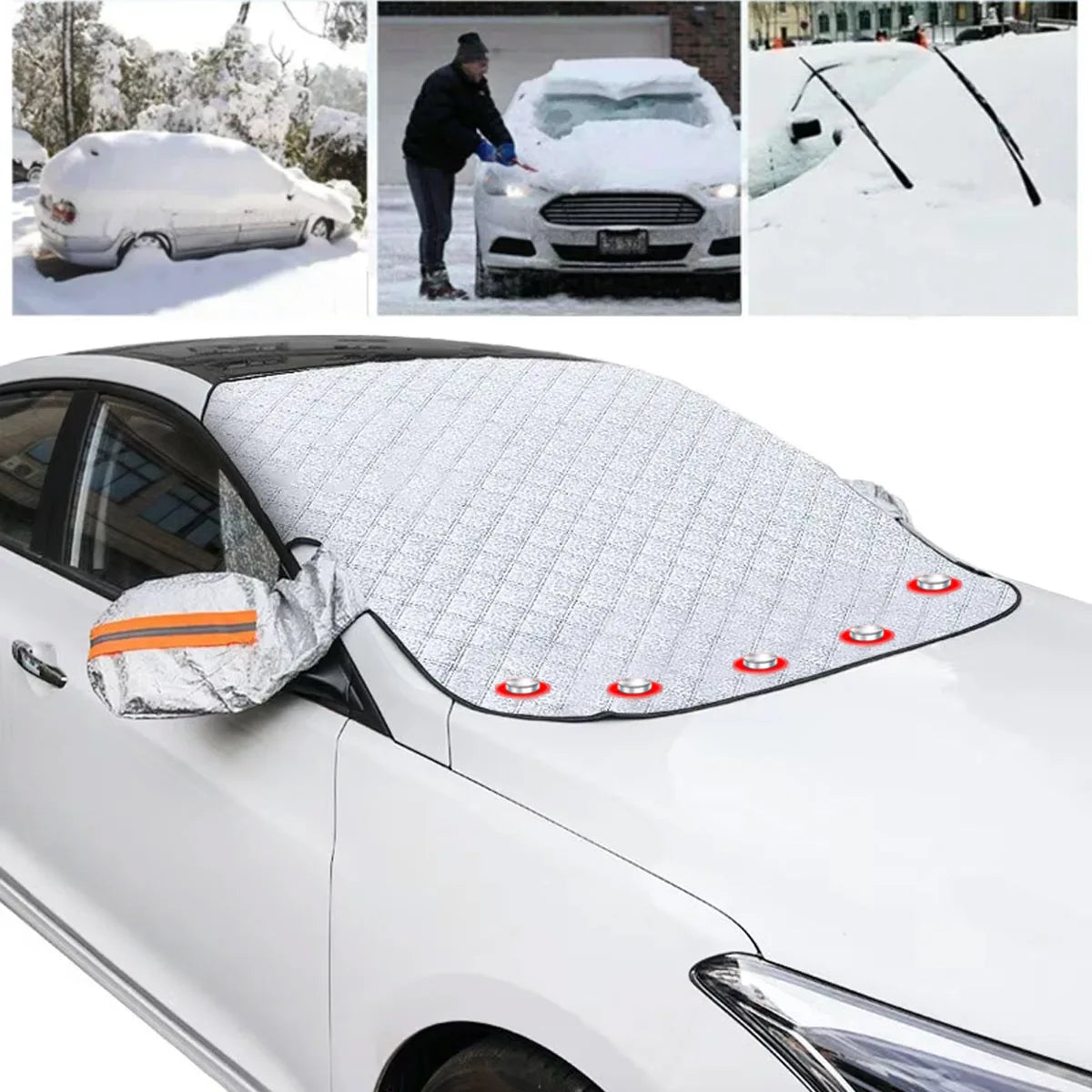 Couverture Pare-brise Universelle Magnétique - 148x116 Cm - Avec 2 Protections Rétroviseurs - Contre Soleil, Givre, Neige