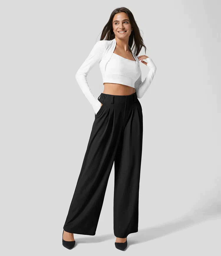 Mia – Pantalon large élégant avec coupe taille haute et poches latérales