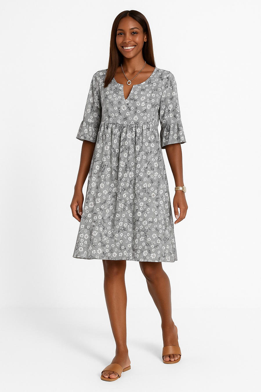 Violet – Robe fleurie à décolleté en V profond et manches évasées